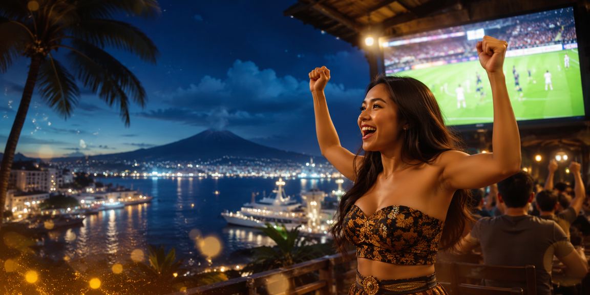 Model perempuan berpose elegan di depan layar taruhan olahraga kasino digital