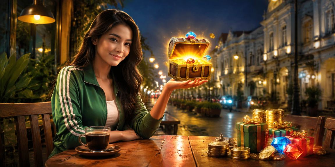 Suasana santai di kedai kopi dengan tampilan permainan casino di layar laptop